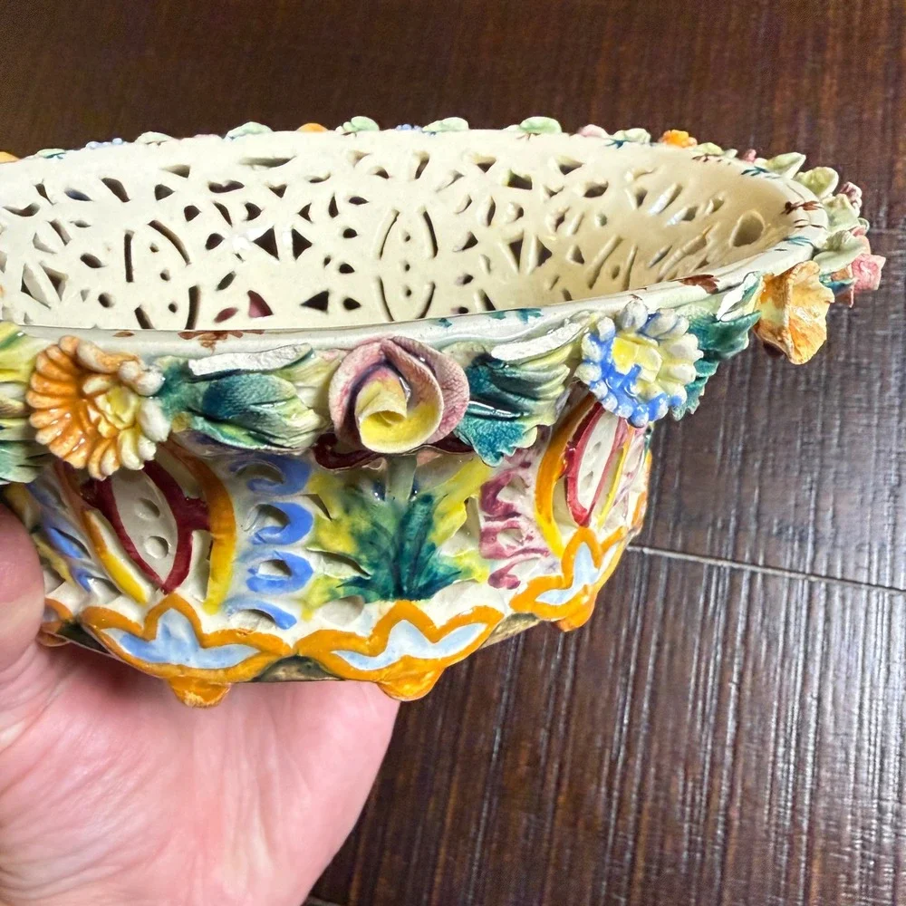 Italian Lattice Ceramic Bowl Majolica Flowers  8